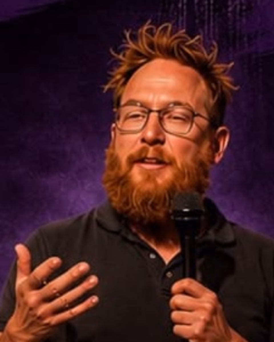 Fabian Vansant performing with a microphone under purple stage lights
