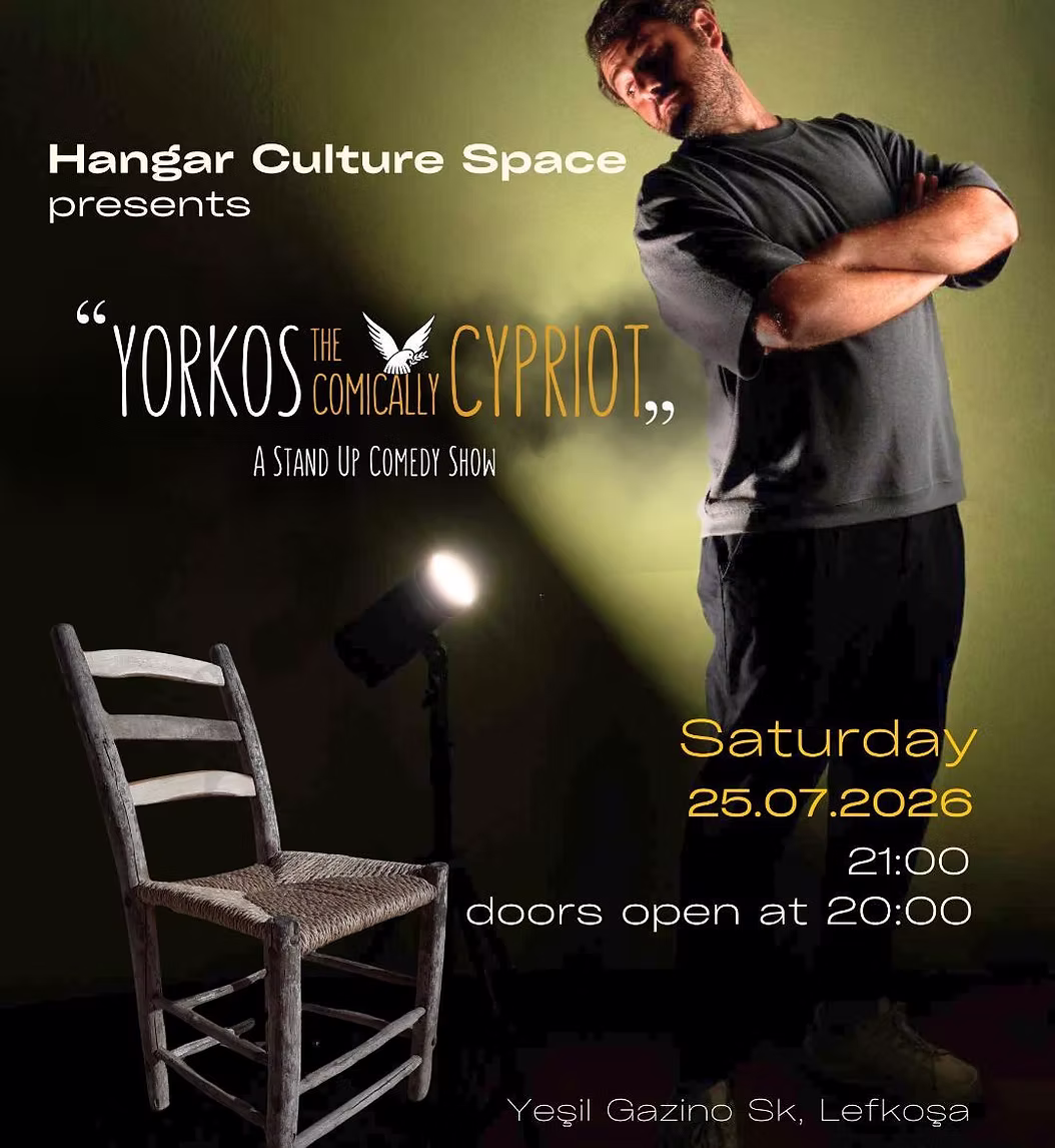 Official Yorkos The Comically Cypriot poster for Hangar Culture Space on 25 July 2026